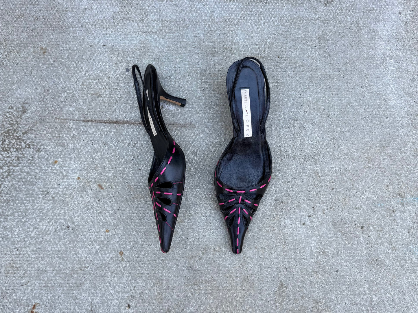 Pura Lopez Black and Pink Pointed Slingback Heels