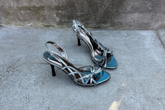 Mizia Silver Strappy Slingback Heels