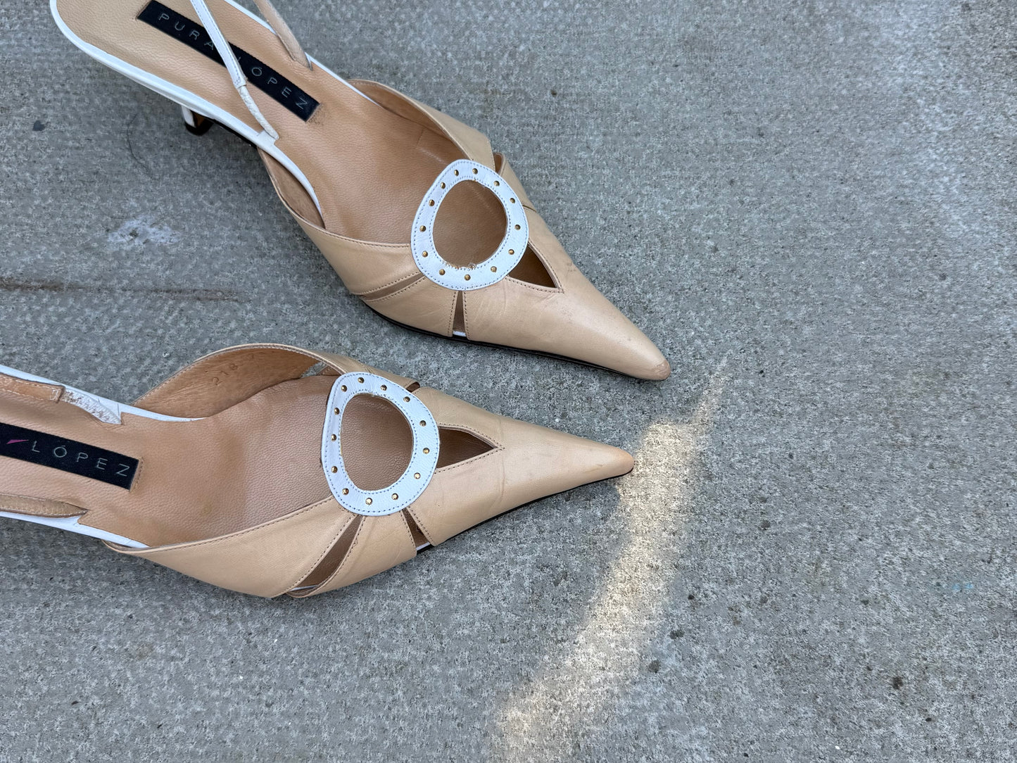 Pura Lopez Beige and White Slingback Heels