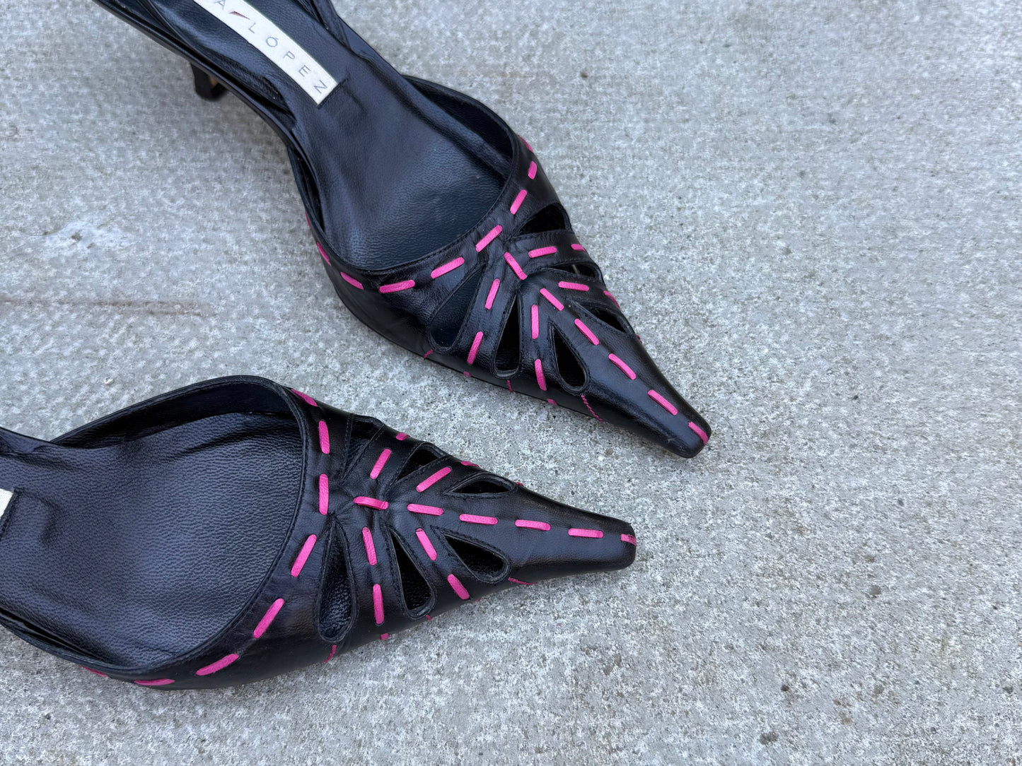 Pura Lopez Black and Pink Pointed Slingback Heels