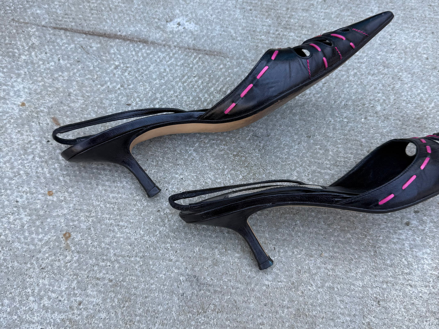 Pura Lopez Black and Pink Pointed Slingback Heels