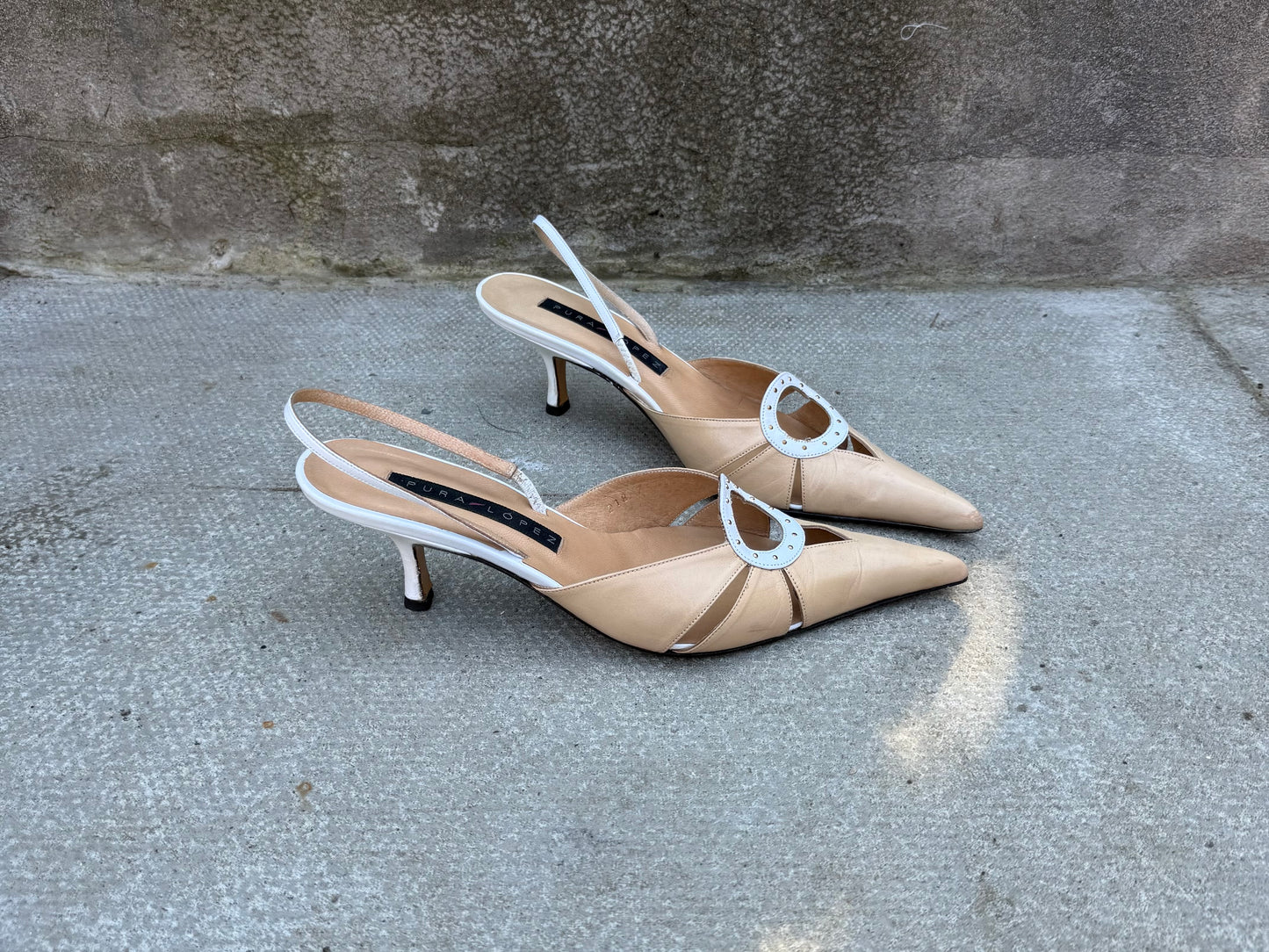 Pura Lopez Beige and White Slingback Heels