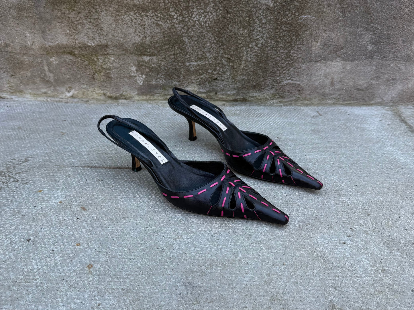 Pura Lopez Black and Pink Pointed Slingback Heels