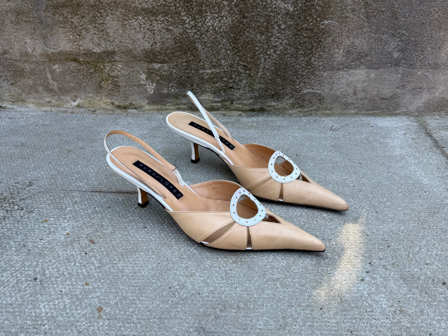 Pura Lopez Beige and White Slingback Heels
