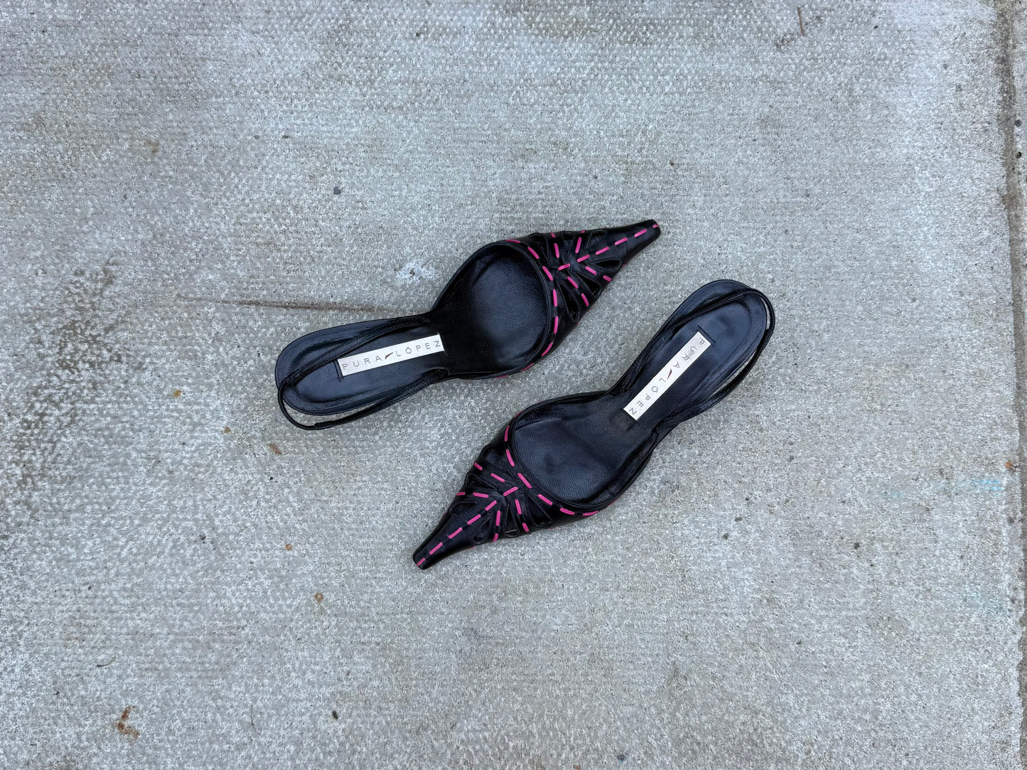Pura Lopez Black and Pink Pointed Slingback Heels