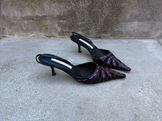 Pura Lopez Black and Pink Pointed Slingback Heels