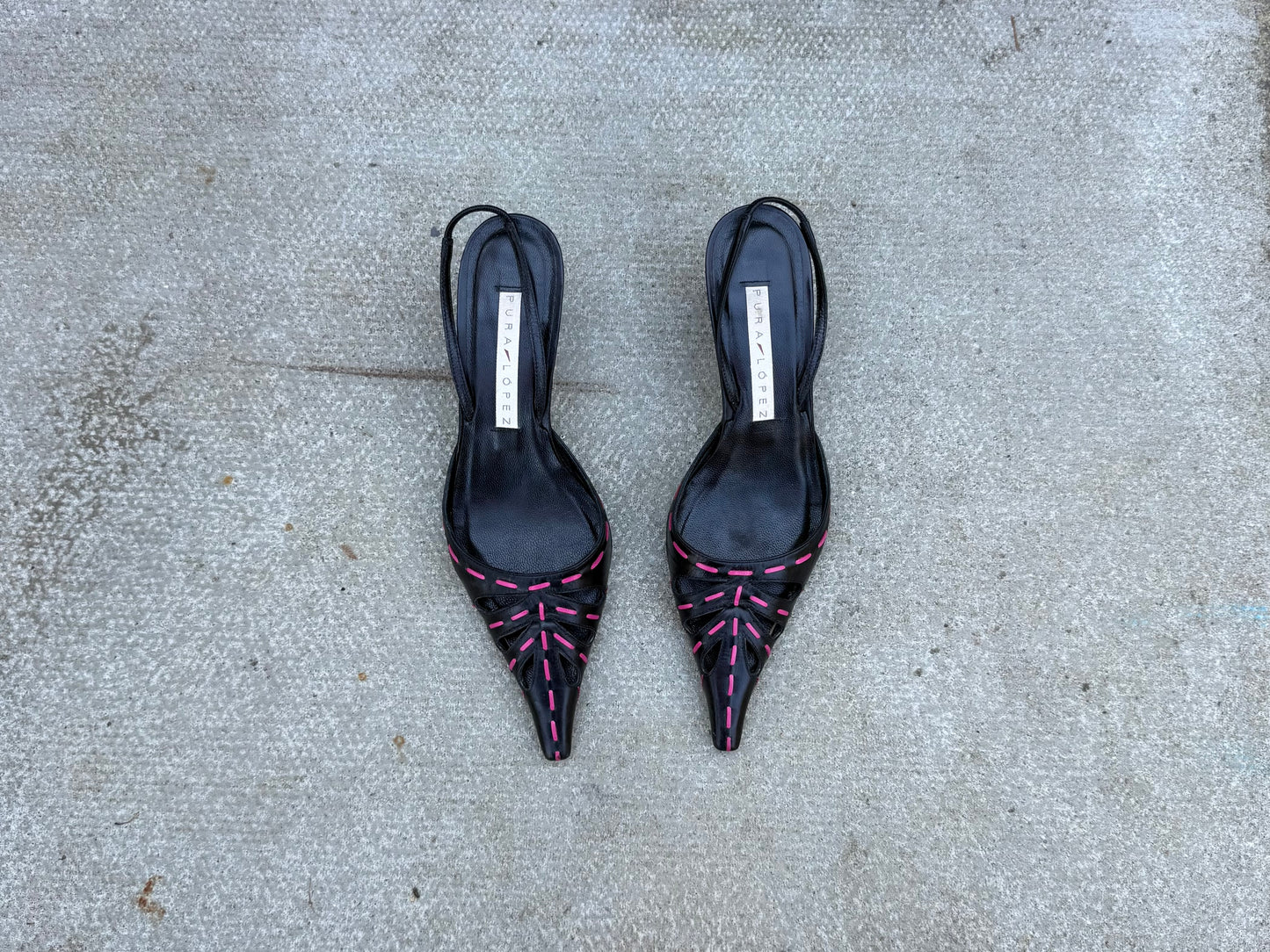 Pura Lopez Black and Pink Pointed Slingback Heels