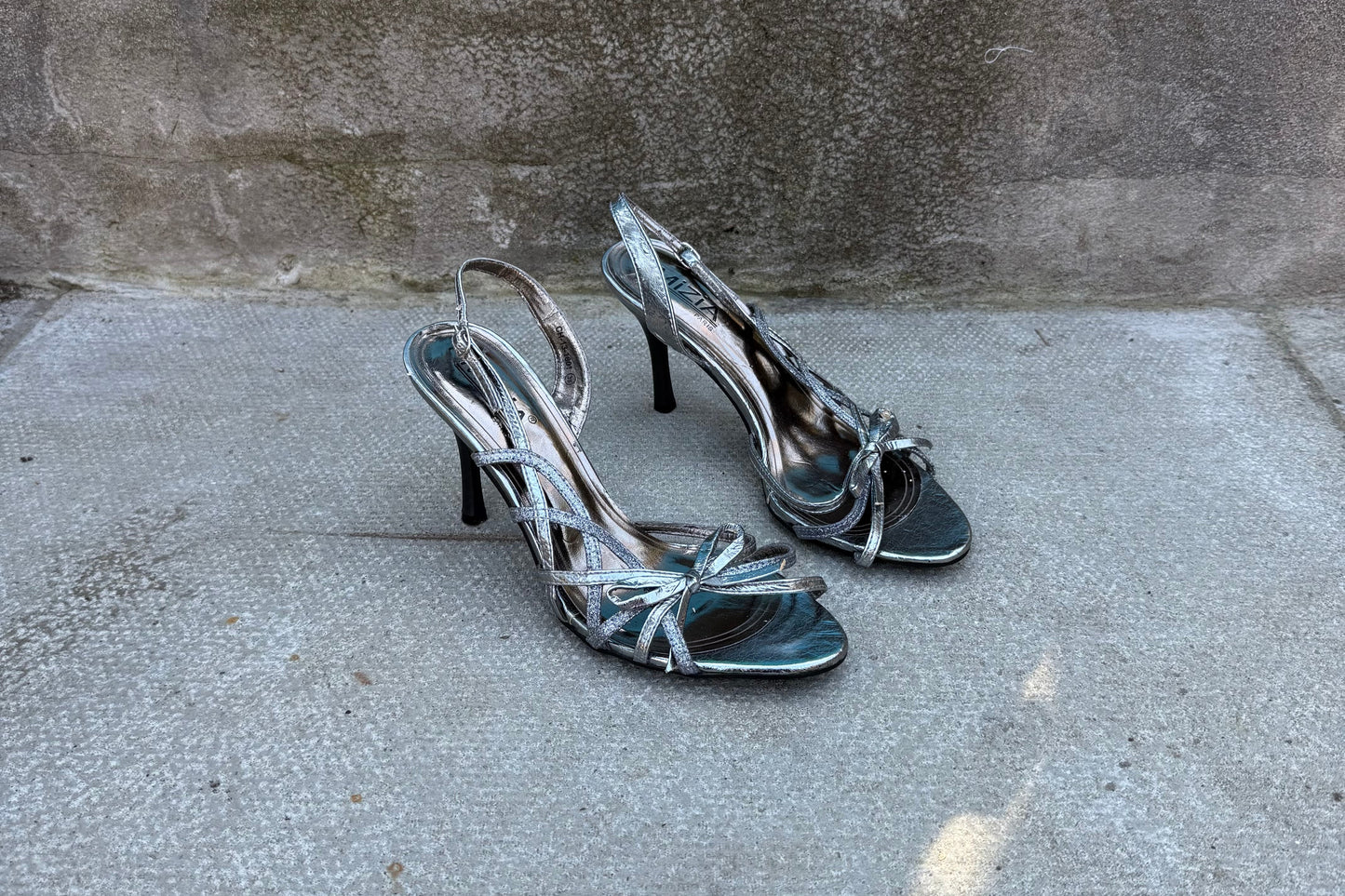 Mizia Silver Strappy Slingback Heels