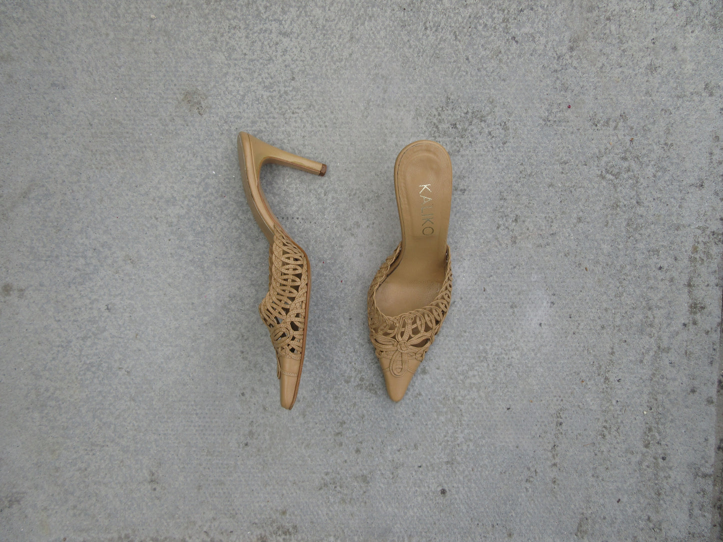 Kaliko Crochet Tan Mule Heels