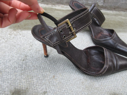 Brown Buckle Ankle Strap Heels