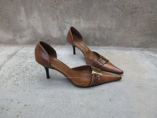 Vintage Minelli Brown Pointed Toe Kitten Heels with Buckle