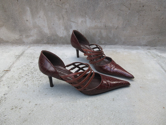 Vintage Dark Brown Croc Effect Pointed Toe Heels