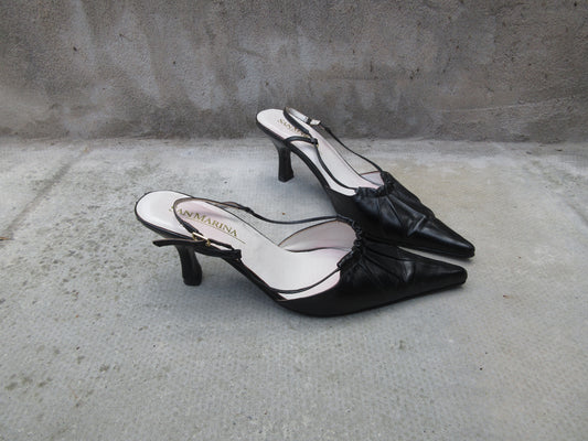 Vintage Black Leather San Marina Slingback Kitten Heels