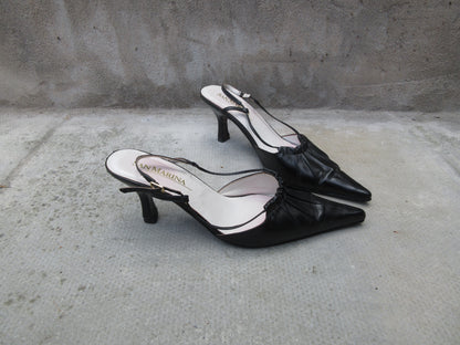 Vintage Black Leather San Marina Slingback Kitten Heels