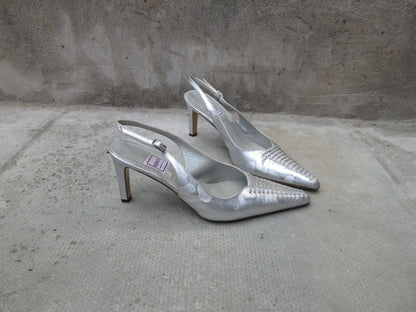 Vintage Renata Silver Pointed Toe Slingback Heels