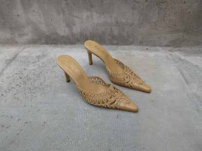 Kaliko Crochet Tan Mule Heels